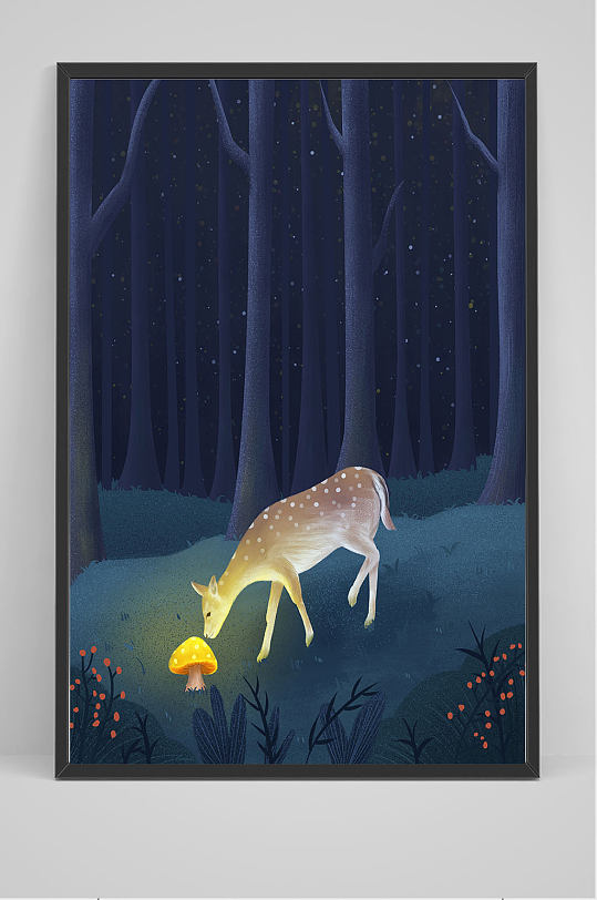 夜晚树林小鹿和蘑菇插画设计