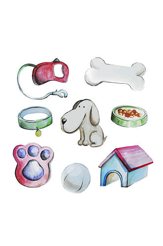 水彩绘宠物狗和7款宠物用品矢量图
