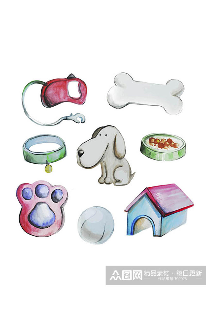 水彩绘宠物狗和7款宠物用品矢量图素材