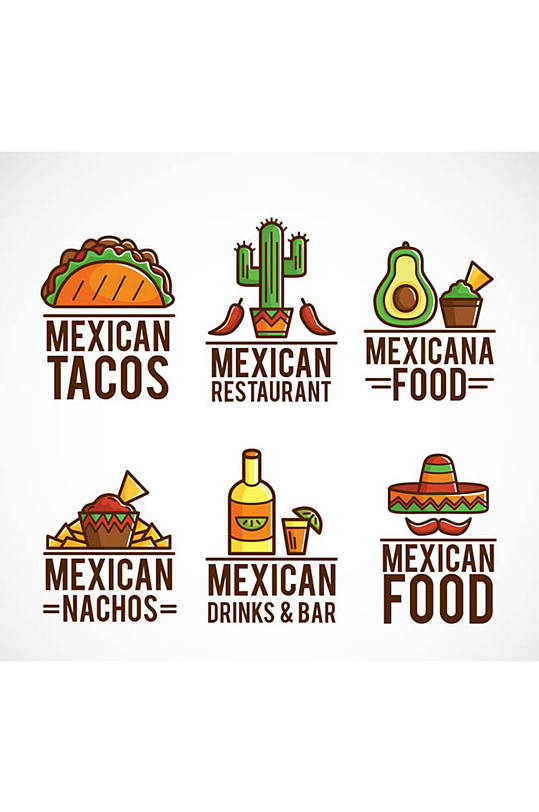 6款彩色墨西哥食物标志矢量图