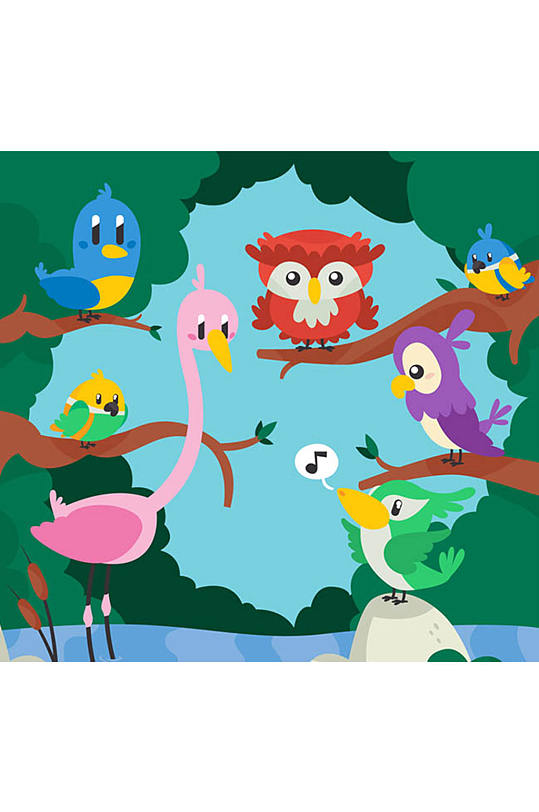 7只卡通森林中的鸟矢量素材