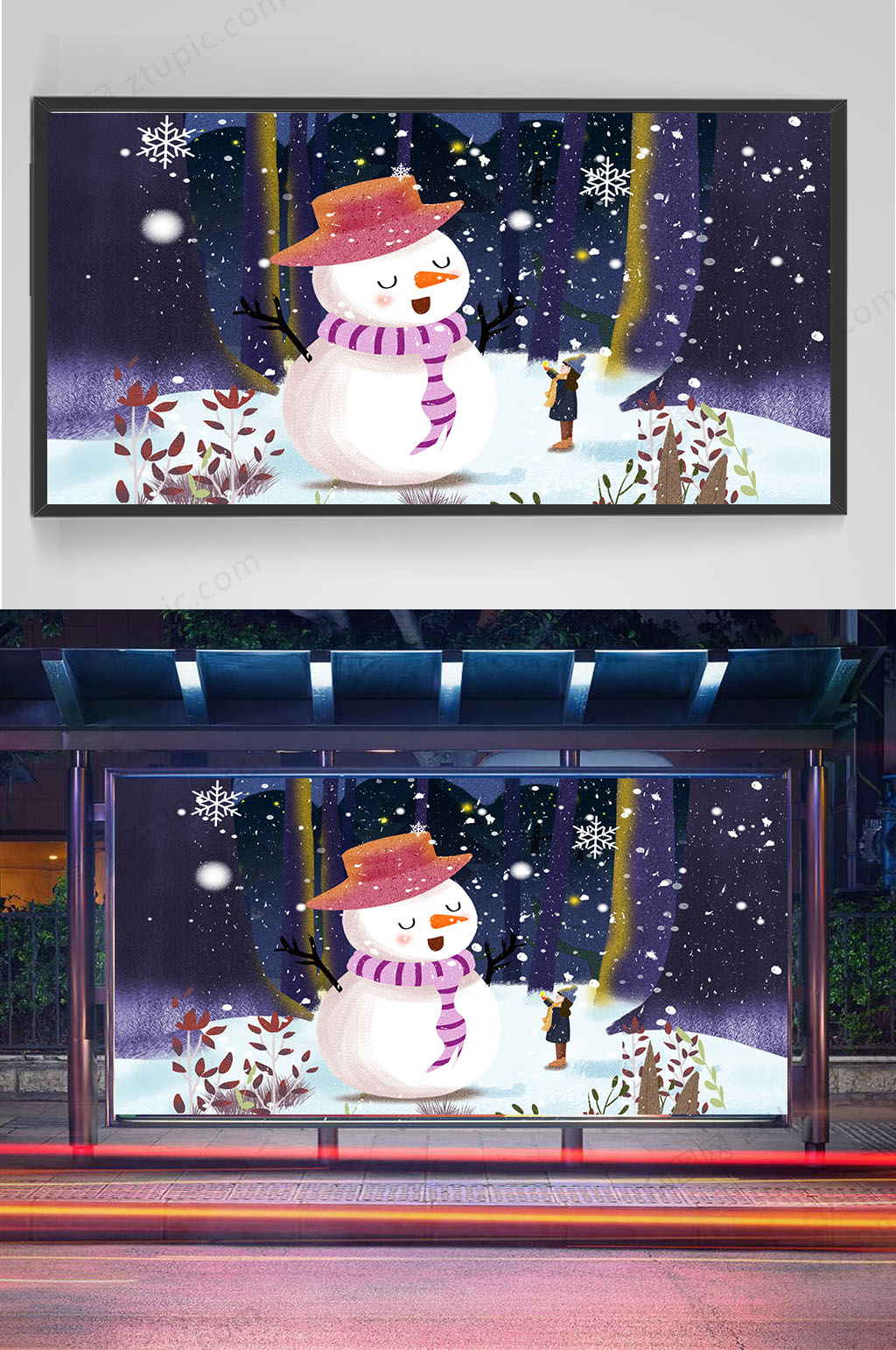 手绘雪人和女孩插画设计素材