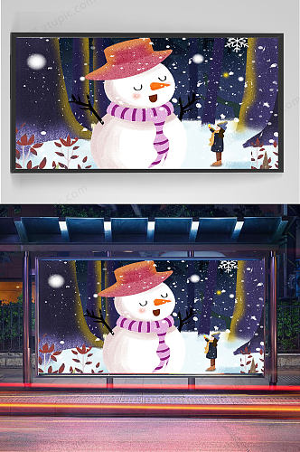 创意手绘雪人和小女孩插画设计