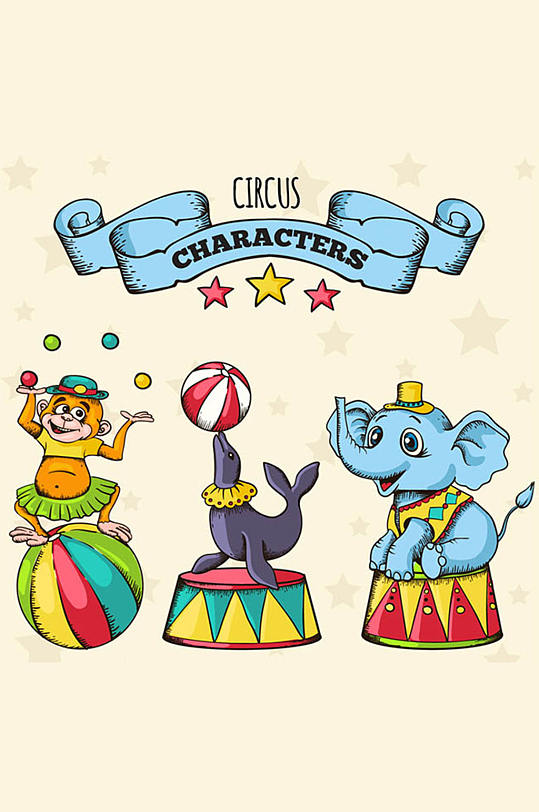 3款卡通马戏团动物矢量素材