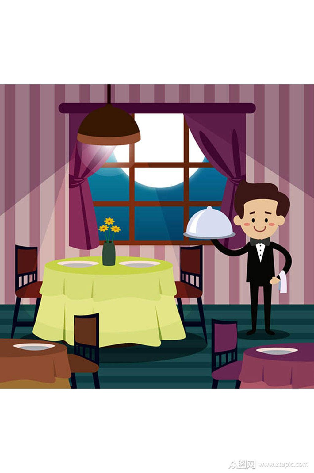 卡通夜晚餐厅内景矢量素材素材