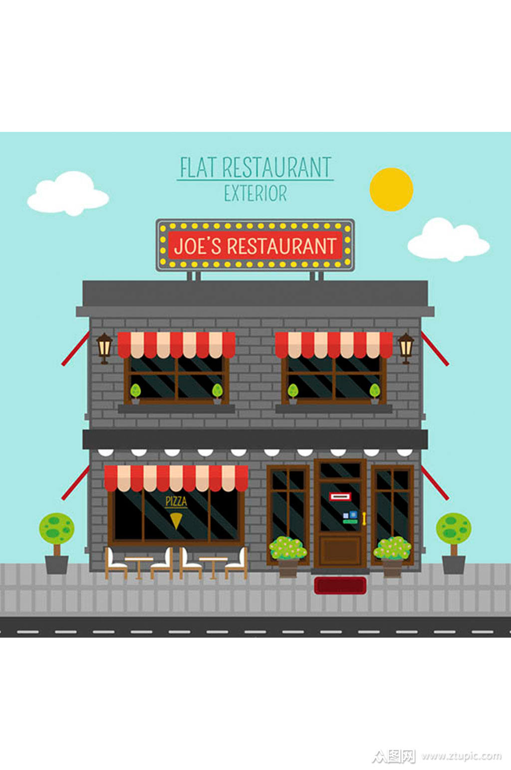 扁平化二层餐馆设计矢量素材