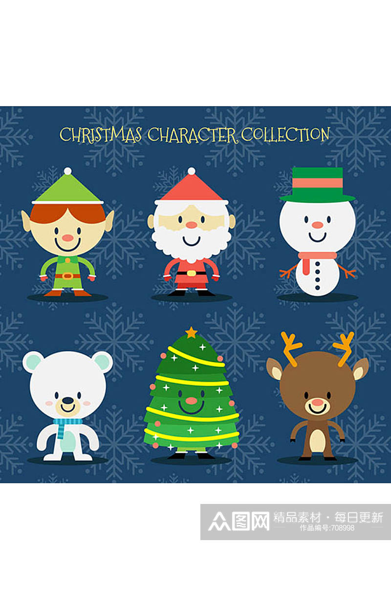 6款可爱圣诞角色和圣诞树矢量素材素材