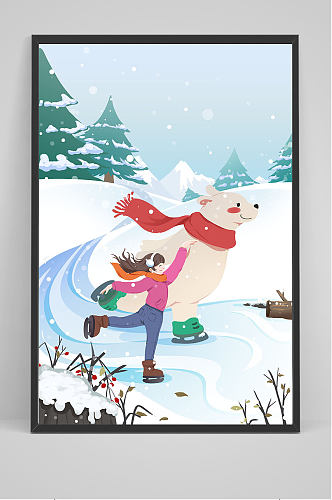 创意女孩和北极熊一起滑雪手绘插画设计