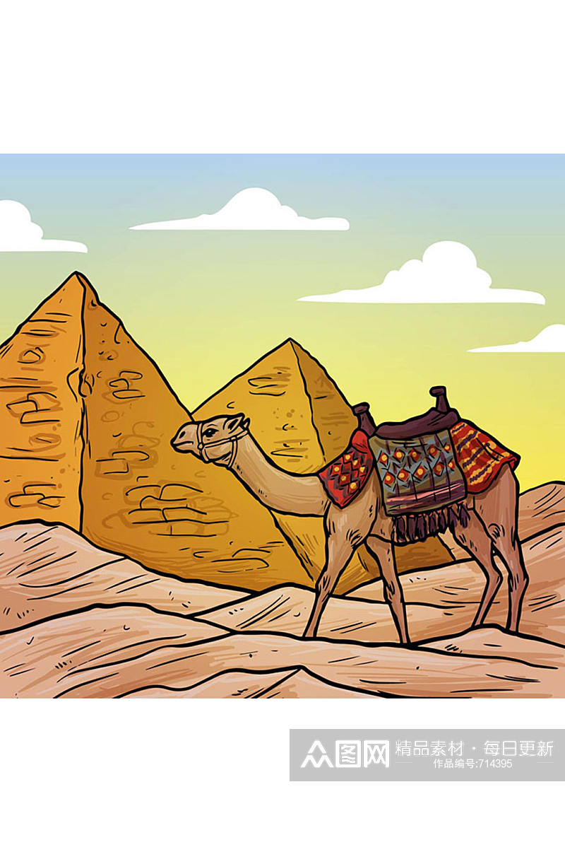 彩绘埃及金字塔和骆驼矢量素材素材