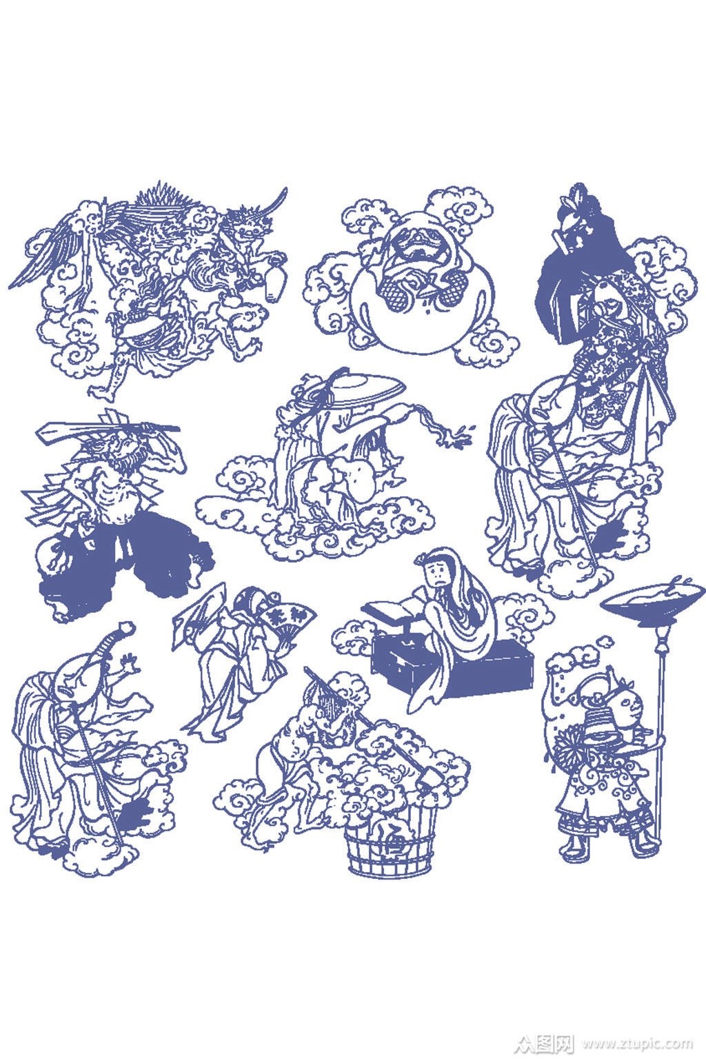 精美蓝色花纹绘制的人物矢量素材模板下载-编号714460-众图网