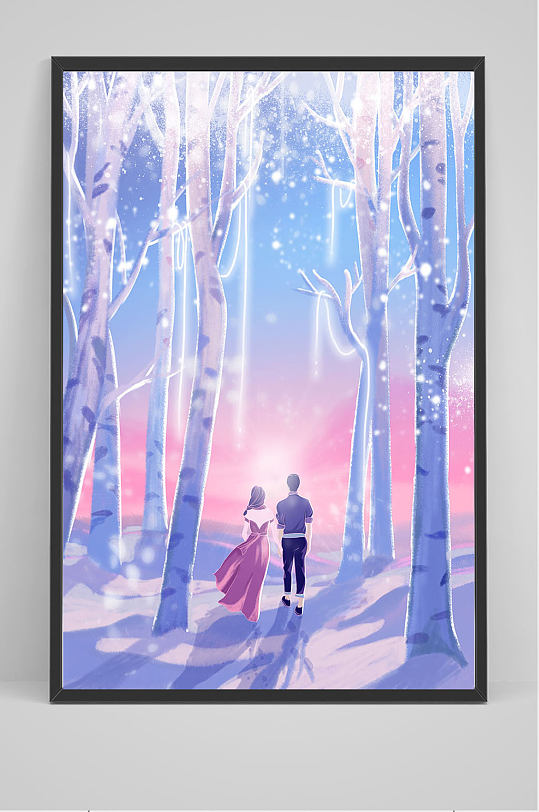 手绘冬季树林中的情侣插画设计