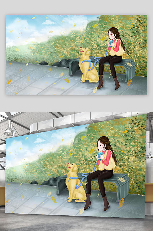精品手绘一个人一狗在公园插画设计