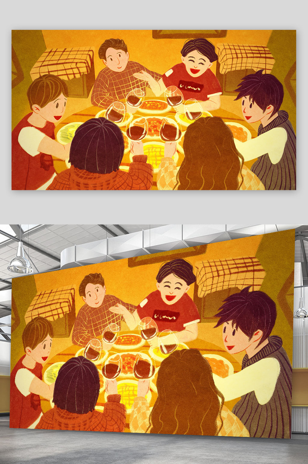 朋友相聚举杯对饮手绘插画设计