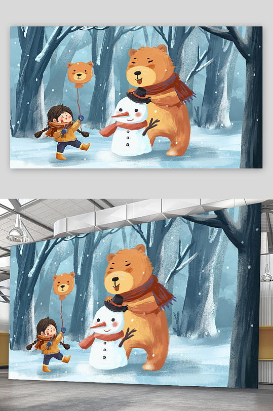 精品冬季树林中的女孩小熊雪人插画设计