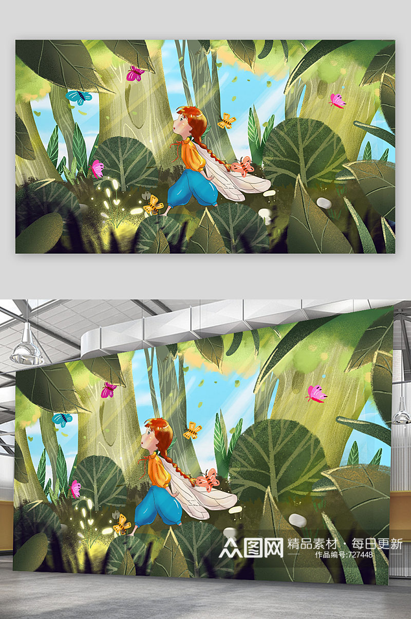 精品手绘在丛林中追赶蝴蝶的姑娘插画设计素材