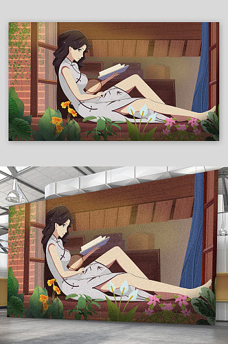 精品坐在窗台看书的旗袍美女插画设计