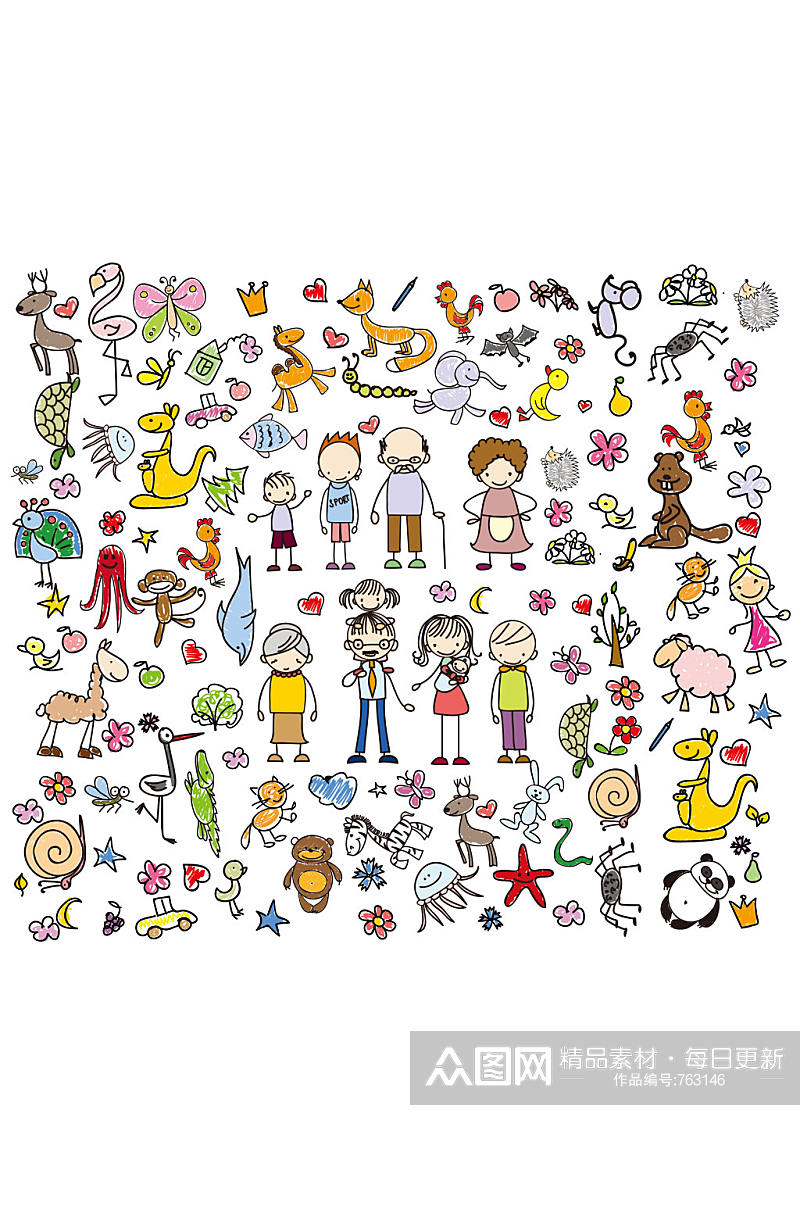 91款手绘人物和动植物矢量图素材