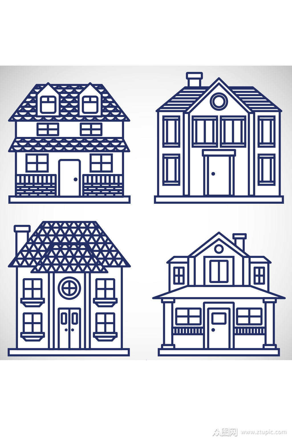 4款手绘二层楼房矢量图