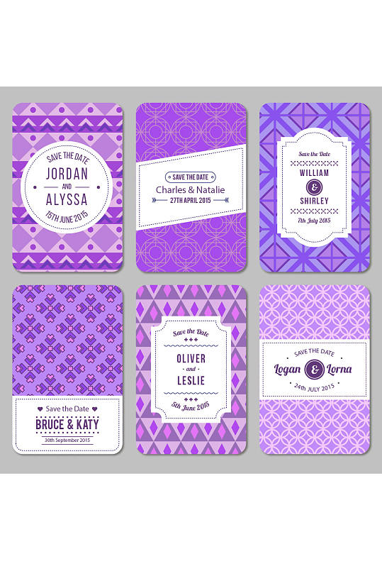 6款紫色婚礼卡片矢量图
