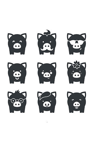9款黑色小猪图标矢量图