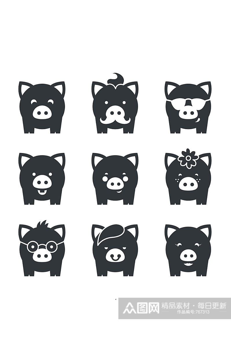 9款黑色小猪图标矢量图素材