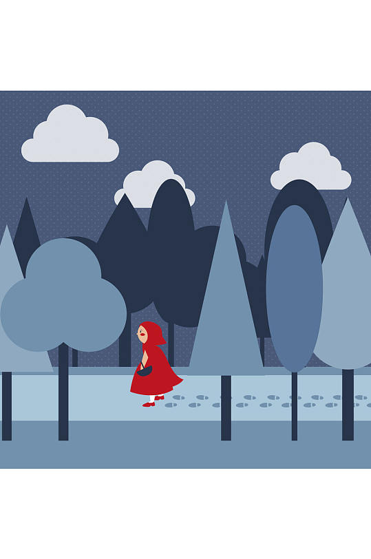 行走在森林里的小红帽矢量图