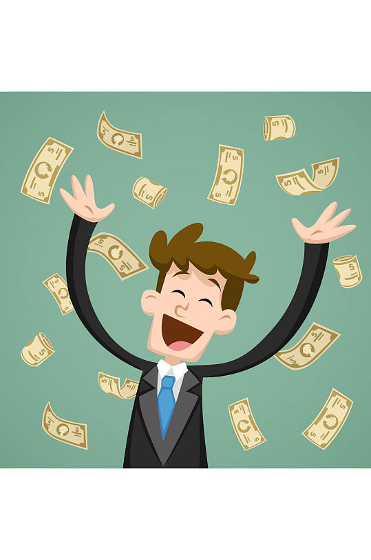 在纸币雨中大笑的商务男子矢量图