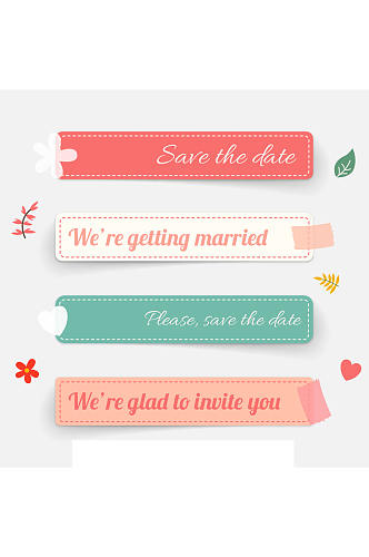 4款彩色长条婚礼贴纸矢量图
