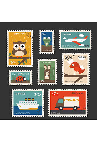 8款旅行与动物邮票矢量图