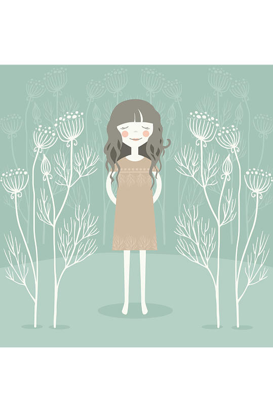 清新卷发女孩插画矢量素材