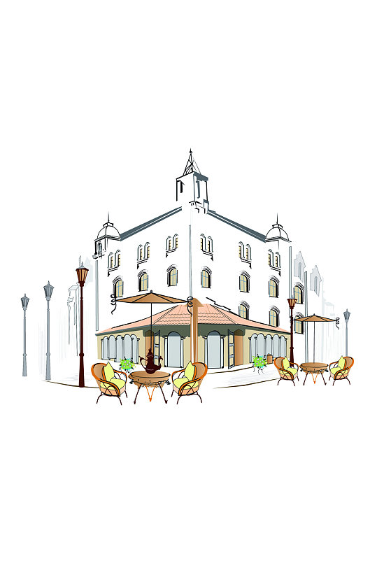 精美手绘街角咖啡店矢量素材-众图网