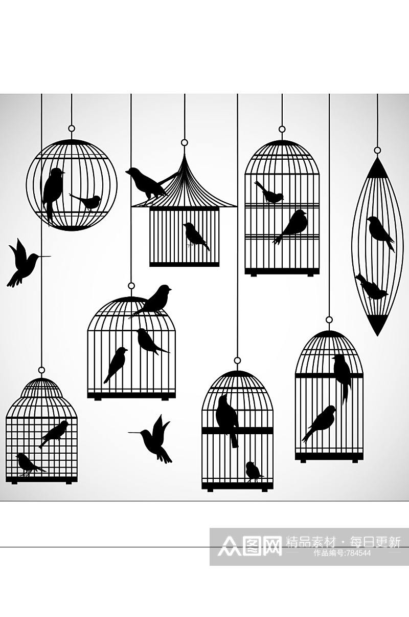 8款鸟笼与鸟剪影矢量素材素材