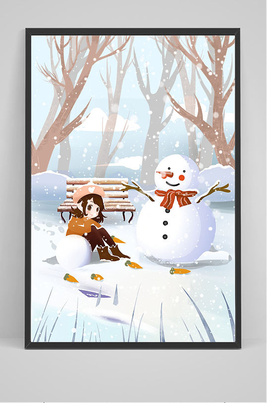 手绘雪地上女孩和雪人插画设计