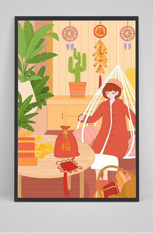 手绘新年春节福袋插画设计