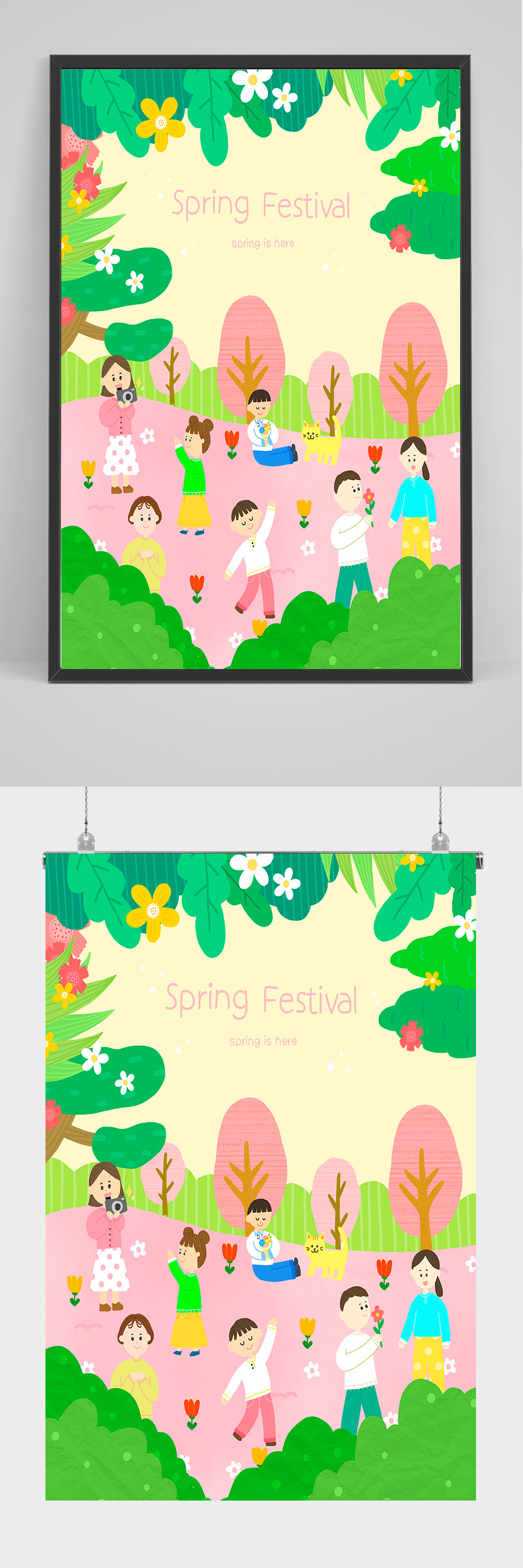 手绘在给孩子们拍照的老师插画设计素材
