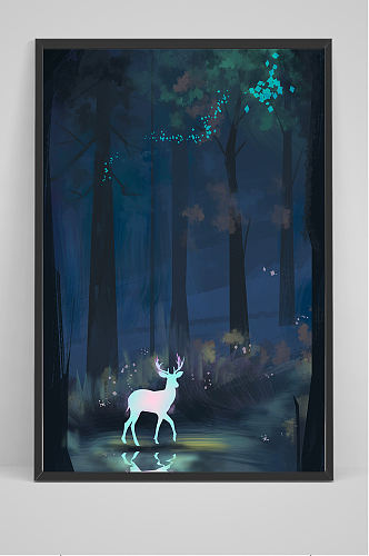 夜晚树林小鹿插画设计