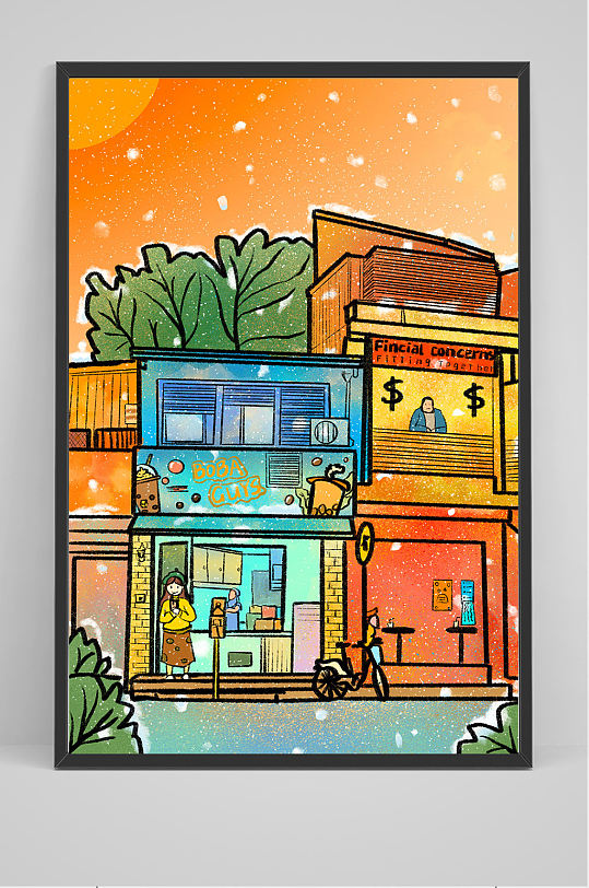 精品手绘步行街插画设计-众图网