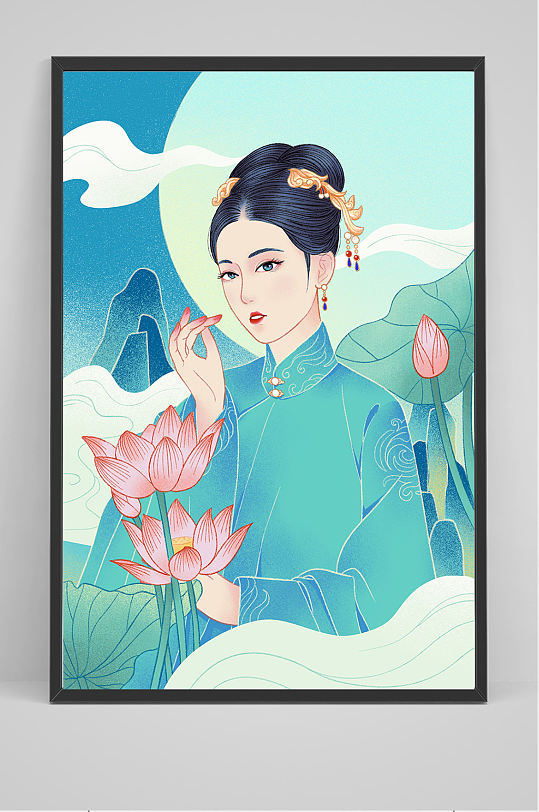 精品手绘古典美女插画设计