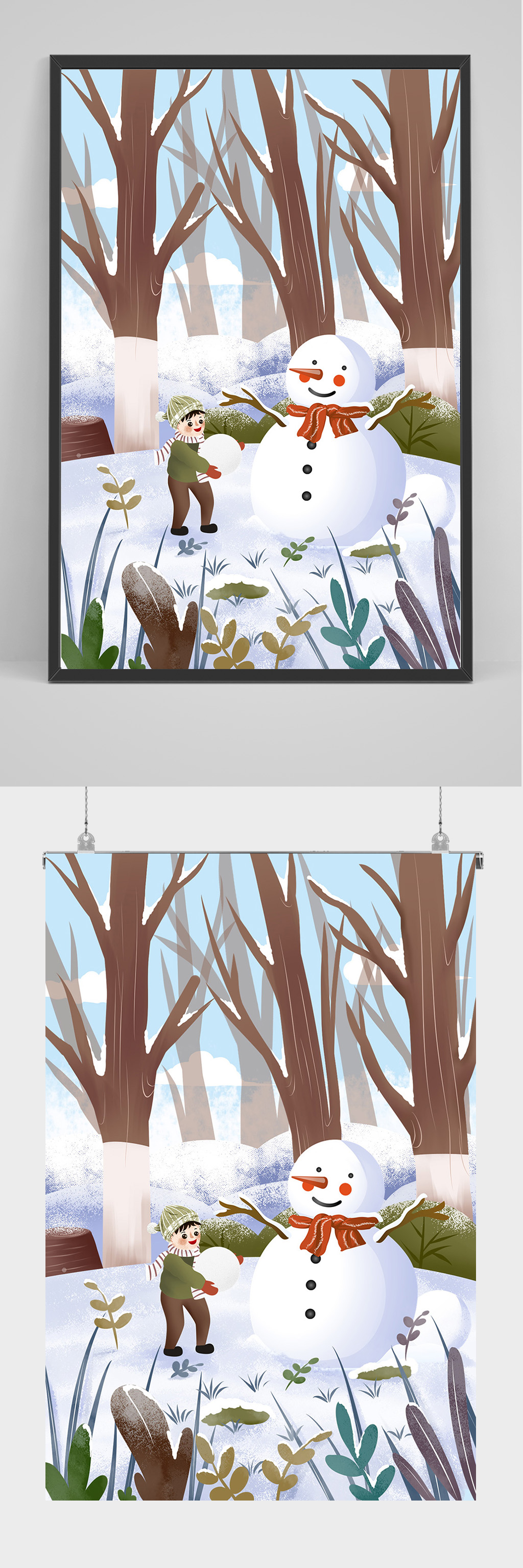 精品手绘男孩和雪人大雪插画设计素材