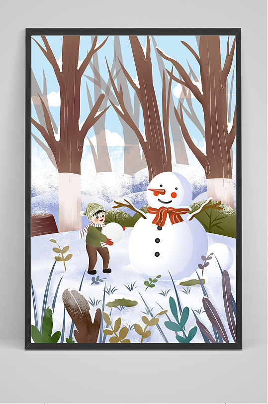 精品手绘男孩和雪人大雪插画设计