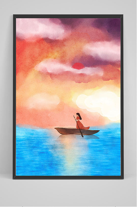 唯美女孩划船插画设计