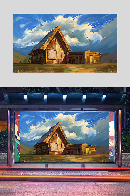 精品手绘油画高山草地上的木屋插画设计-众图网