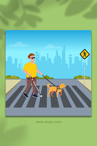 残疾人盲人导盲犬插画