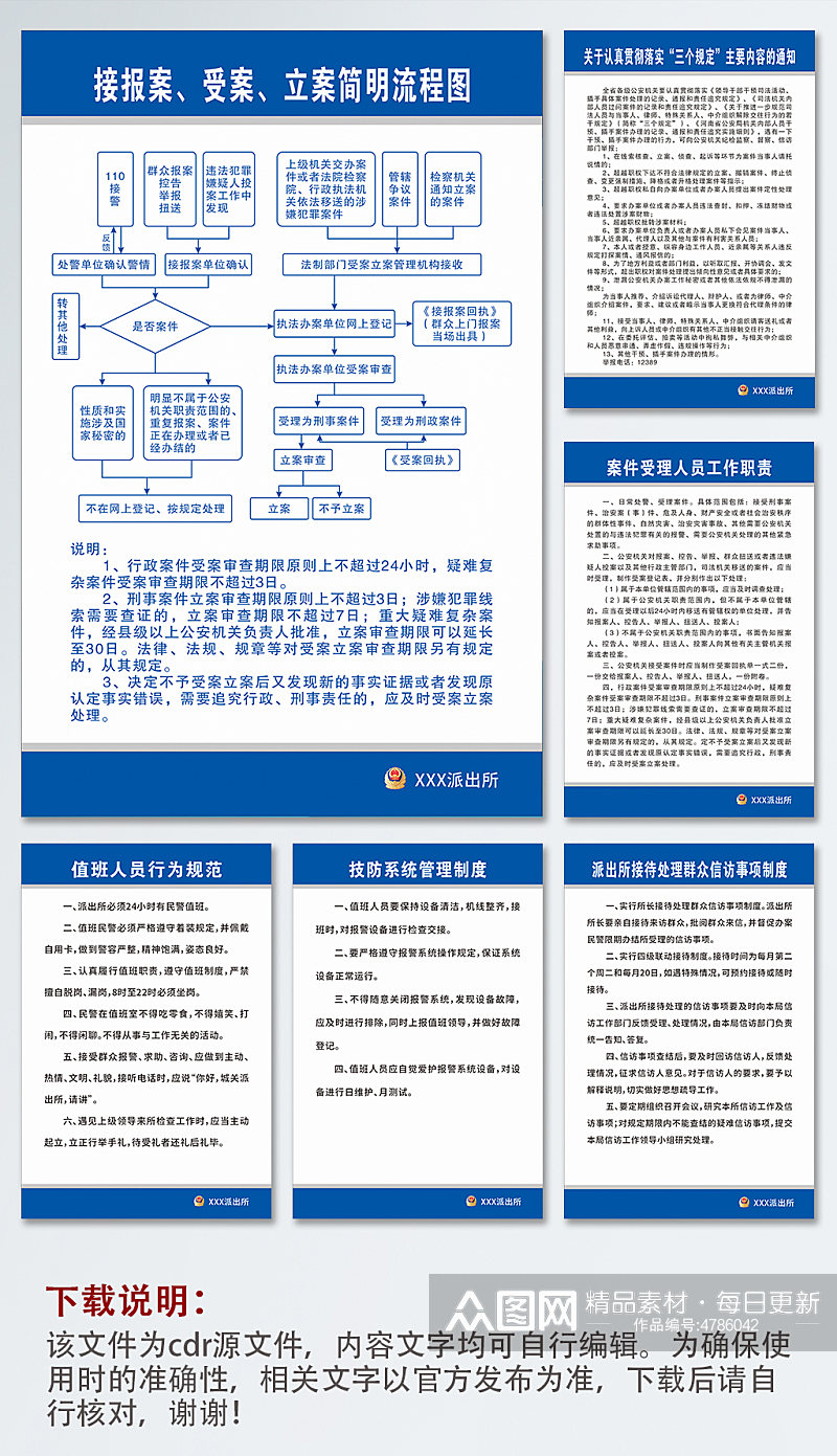 蓝色警务公安局派出所制度牌海报素材