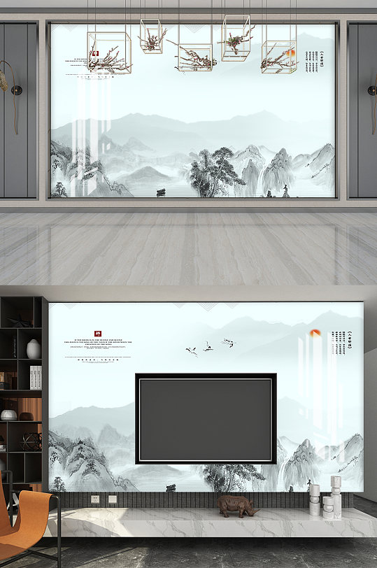 水墨山水画电视背景画-众图网