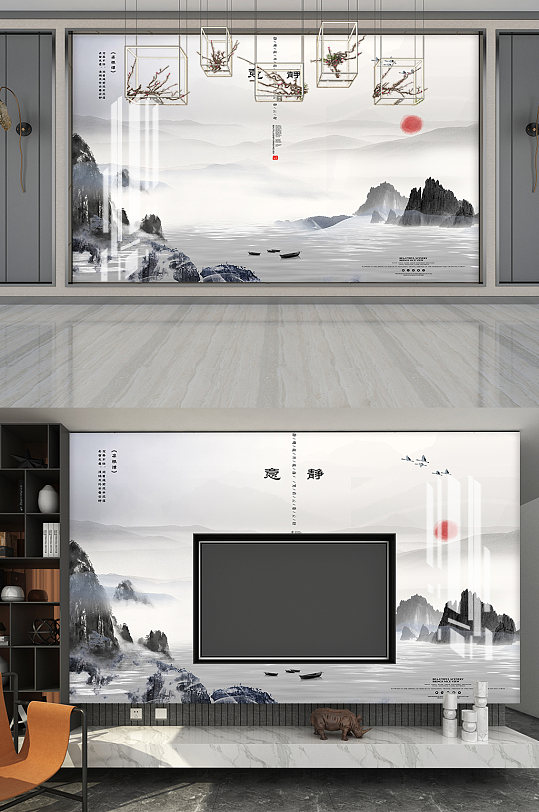 意境水墨画电视背景画-众图网