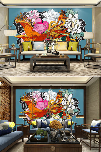 新中式花鸟背景墙装饰画设计