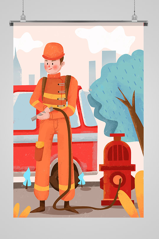 消防员卡通海报插画图片-消防员卡通海报插画素材下载-众图网