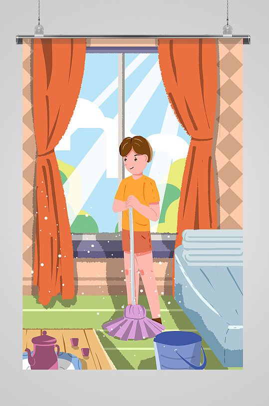 五一劳动节打扫房间插画手绘插画风一家人打扫卫生五一劳动节海报立即