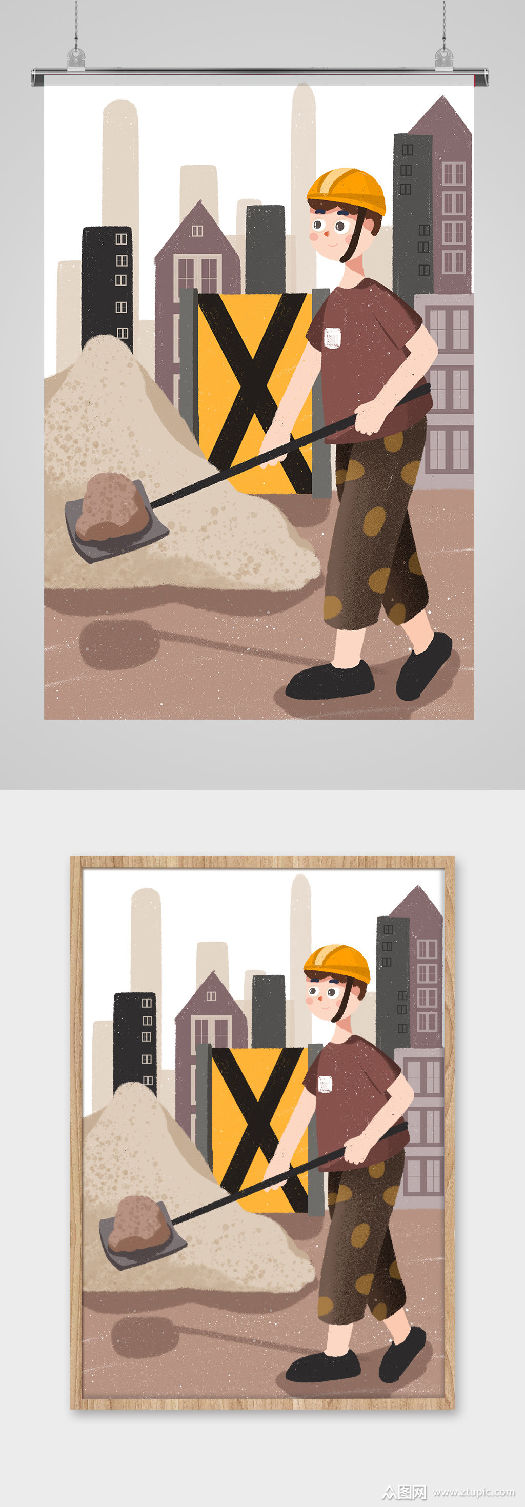 五一劳动节工地干活场景插画